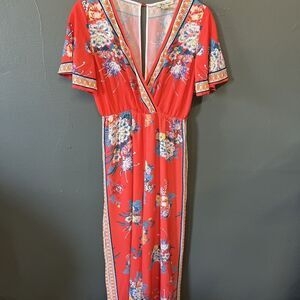 Anthropologie Flying Tomato Wide Leg Orange Jumpsuit Size L Floral Resort Wear
